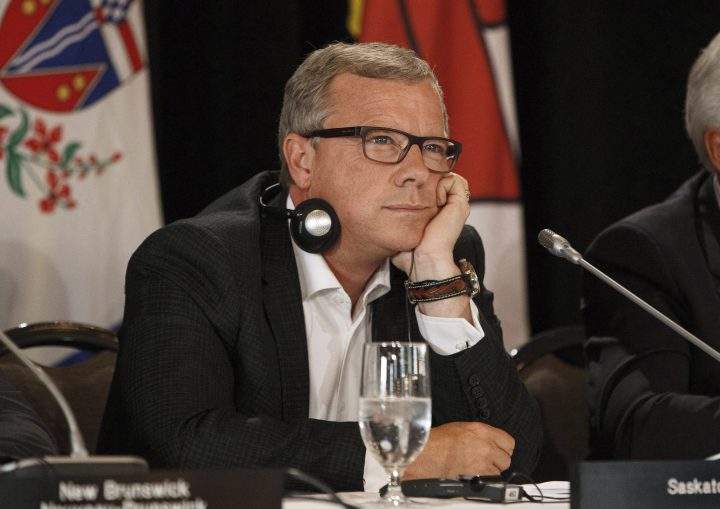 Saskatchewan Premier Brad Wall takes part in the final press conference during the Council of Federation meetings in Edmonton Alta, on Wednesday July 19, 2017.  Wall says he is retiring from politics after a decade as premier of Saskatchewan.