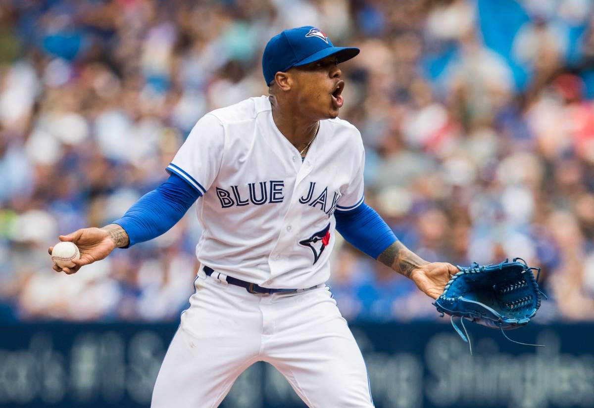 Toronto Blue Jays starting pitcher Marcus Stroman (6) reacts after being ejected from the game against the Oakland Athletics in Toronto on Thursday, July 27, 2017.