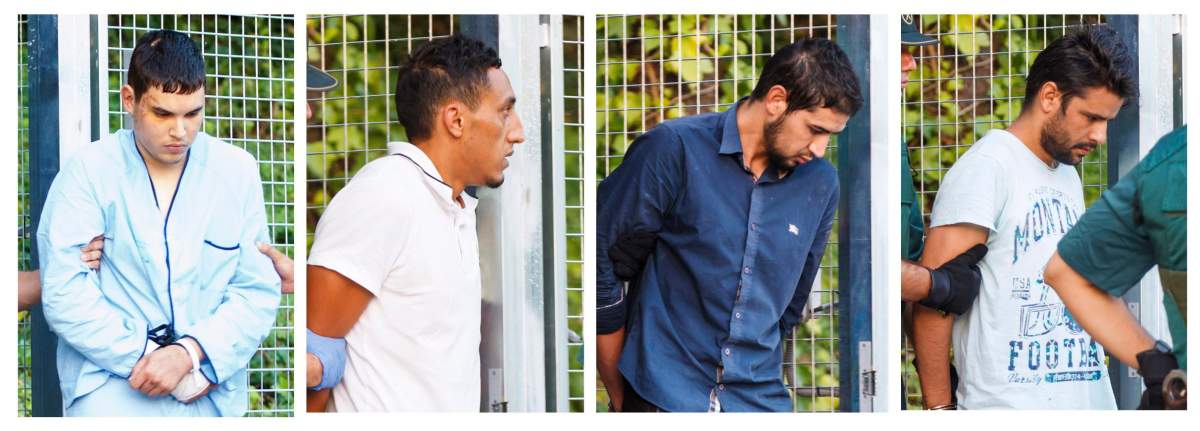 In this combination photo, four un-named alleged members of a terror cell accused of killing 15 people in attacks in Barcelona leaves a Civil Guard base on the outskirts of Madrid before appearing in court in Madrid, Spain, Tuesday Aug. 22, 2017.  