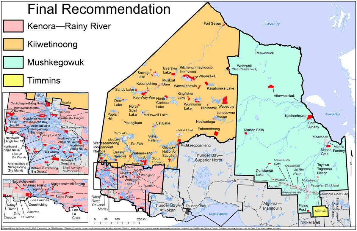 A map published on Aug. 8, 2017, shows the final recommendation of Ontario’s Far North Electoral Boundaries Commission.