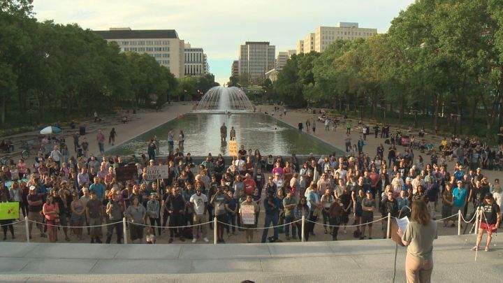 Spurred on by a violent and deadly confrontation between white nationalists and anti-racists in Charlottesville, Va. earlier this month, dozens of Edmontonians gathered at the Alberta legislature Saturday night to speak out against racism and bigotry.
