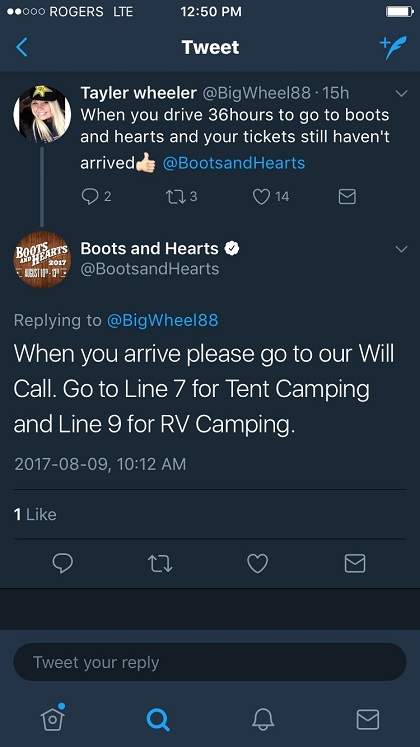 A screenshot of a tweet to Boots and Hearts.