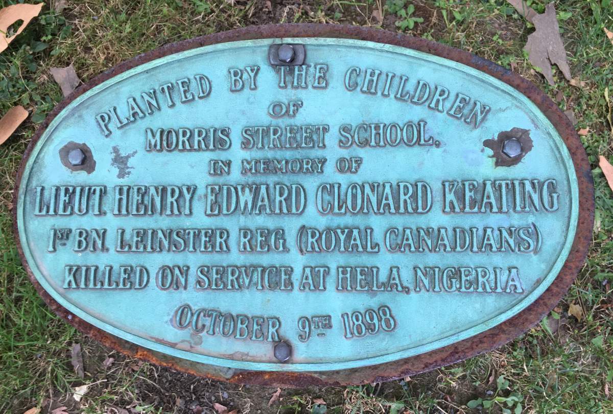 The plaque for the tree planted in 1899 in memory of Lt. Clonard Keating in the Halifax Public Gardens, pictured on Aug. 18, 2017.