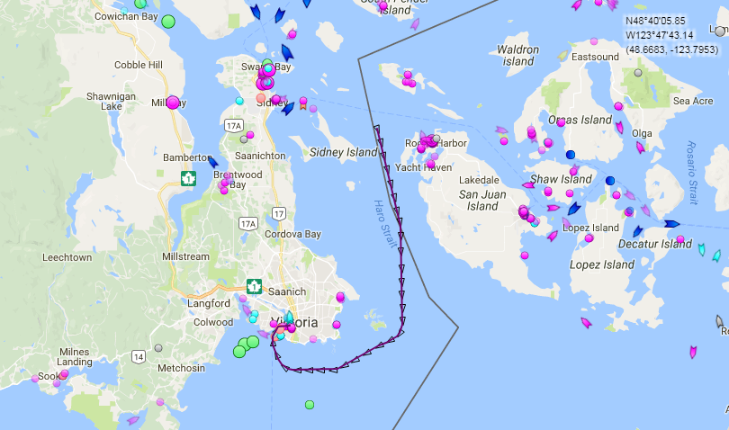 The route of the Cloudbreak, a luxury yacht that was docked in Victoria on Aug. 29, 2017.
