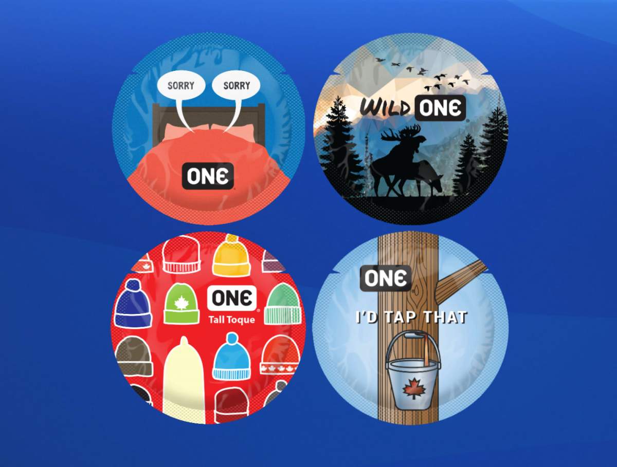 The winning condom wrapper design from Toronto, top right, and the three runner-up winning designs from Nova Scotia artists in the ONE Condoms ONE Canada Design Contest. 