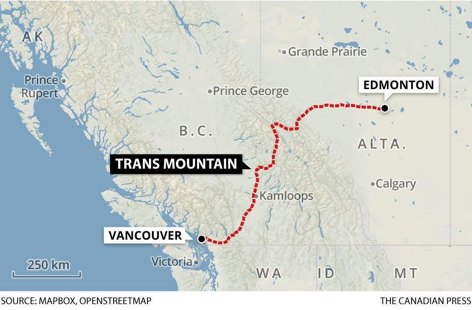 The Trans Mountain pipeline route.