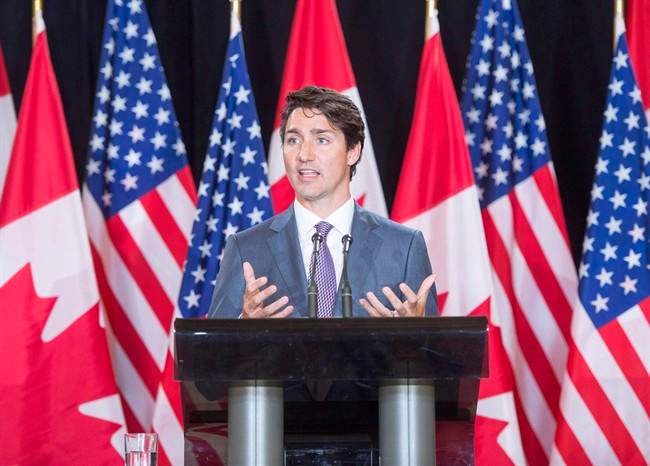 Prime Minister Justin Trudeau speaks to reporters at the National Governor's Association (NGA) Special Session - Collaborating to Create Tomorrow's Global Economy Friday, July 14, 2017 in Providence, Rhode Island. 