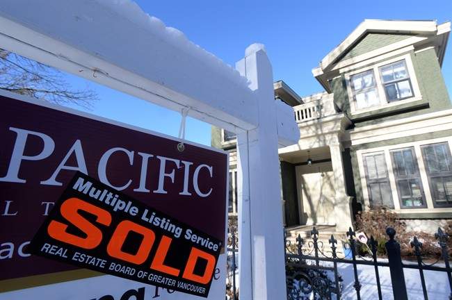 A real estate sold sign is shown outside a house in Vancouver, Tuesday, Jan.3, 2017. The Real Estate Board of Greater Vancouver says the typical price of a home in Metro Vancouver has surpassed $1 million. 