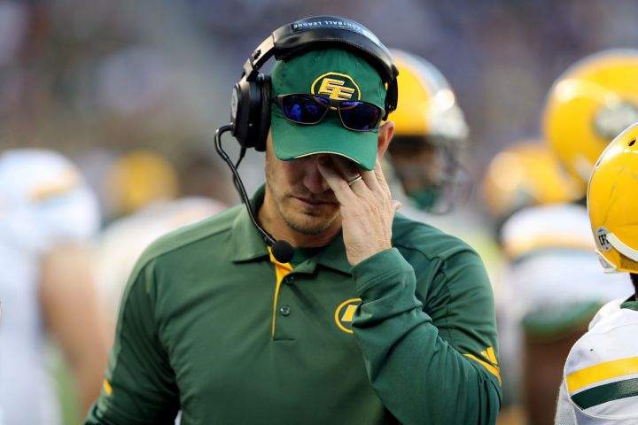 Edmonton Eskimos head coach Jason Maas reacts after a Winnipeg Blue Bombers touchdown during the first half of CFL football action in Winnipeg, Thursday, August 17, 2017. 