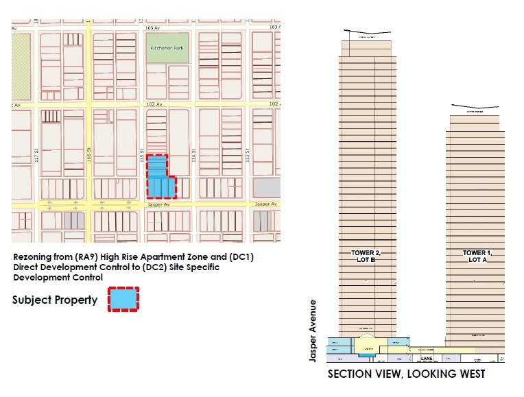 A rendering of a proposed two tower site at Jasper Avenue and 115 Street in Edmonton.