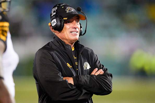 REGINA, SK - SEPTEMBER 24: Hamilton Tiger-Cats special teams coach Jeff Reinebold on the sideline during the game between the Hamilton Tiger-Cats and Saskatchewan Roughriders at Mosaic Stadium on September 24, 2016 in Regina, Canada. (Photo by Brent Just/Getty Images).