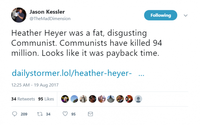 Charlottesville rally organizer tweets that victim Heather Heyer’s death was ‘payback time’ - image