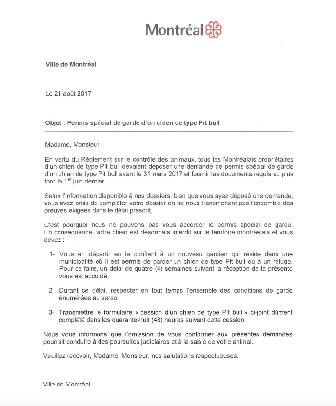 Letter the city of Montreal sent out to 520 pit bull owners Aug. 21