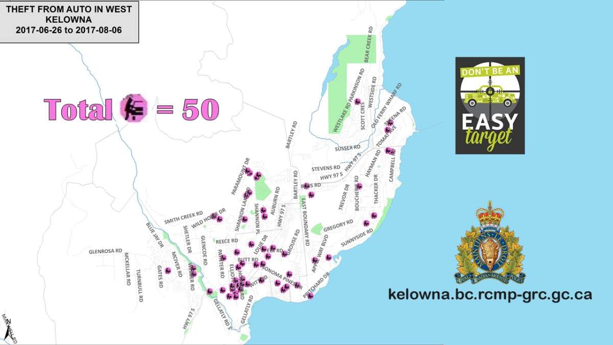 West Kelowna RCMP Crime Map showing a total of 50 thefts from Auto reports to police during the period of June 26, 2017 to Aug. 6, 2017