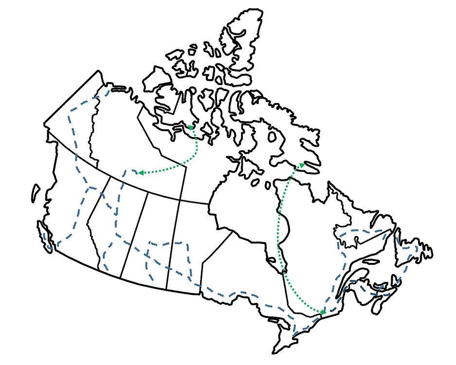 The route Jimmy Ung will be taking on his journey which started in Nunavut before journeying to Quebec then making his way east. The green lines represent plane trips, while the blue lines are his motorcycle path.