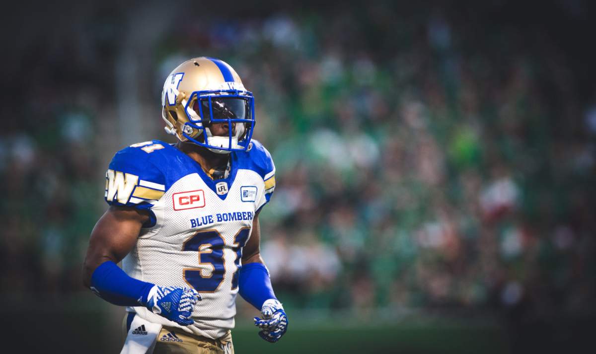Maurice Leggett (31) of the Winnipeg Blue Bombers during the game at New Mosaic Stadium in Regina, SK, Saturday, July 1st, 2017. (Photo: Johany Jutras).