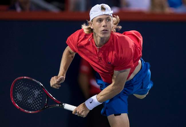 Denis Shapovalov of Canada serves to Alexander Zverev of Germany during the semifinals at the Rogers Cup tennis tournament Saturday August 12, 2017 in Montreal.