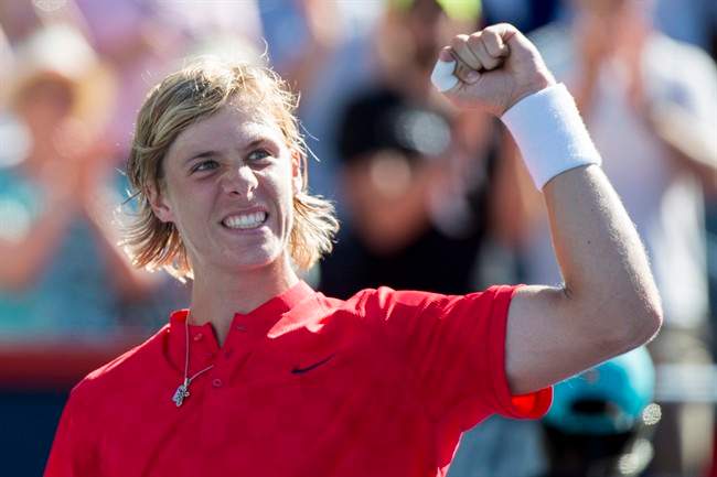 Denis Shapovalov of Canada celebrates after beating Juan Martin del Potro from Argentina during second round of play at the Rogers Cup tennis tournament, Wednesday, August 9, 2017 in Montreal. 