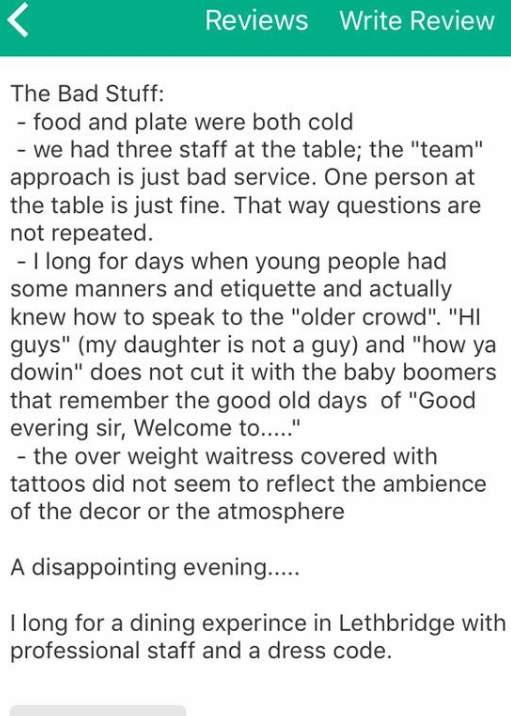 The TripAdvisor review posted by the man served by Amanda Bauer.
