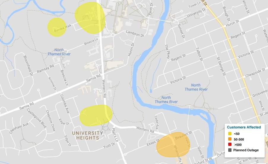 A large swath of northwest London was left without power this morning after an equipment failure. Power was slowly restored across the area. As of 11:30 a.m., just a handful of outages remained.