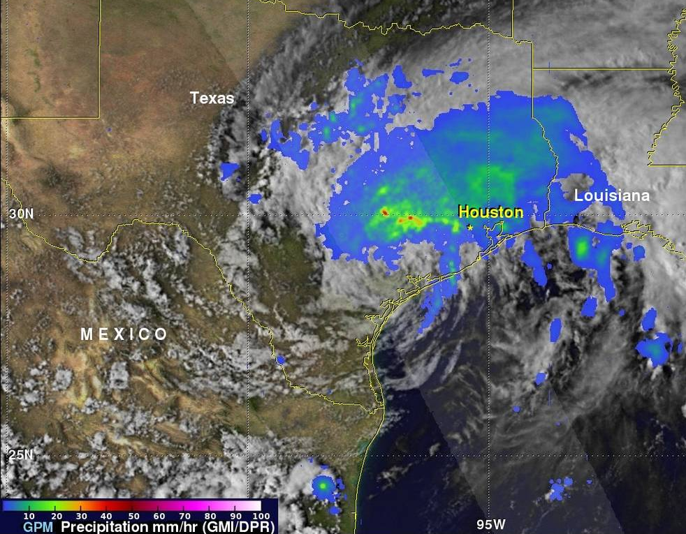 This visualization using data from NASA Earth shows the amount of rainfall that Hurricane Harvey has brought over Texas.