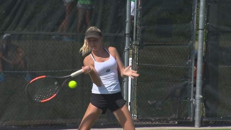 Manitoba's Reece Carter competes in tennis during the Canada Summer Games at the Winnipeg Lawn Tennis Club.