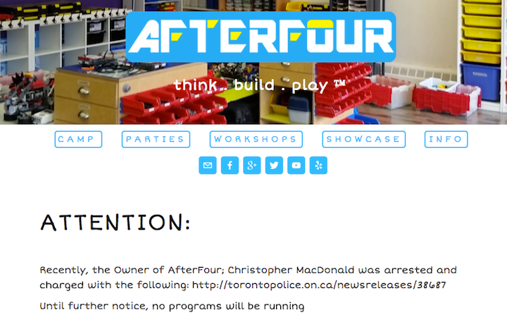 A screenshot captured Friday morning of the AfterFour website. A brief statement at the top of the website references the statement Toronto police issued on charges laid against Christopher MacDonald.