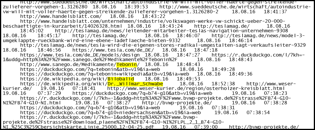 A sample of browsing data identified as belonging to a German politician, which includes personal information about medication and doctors.