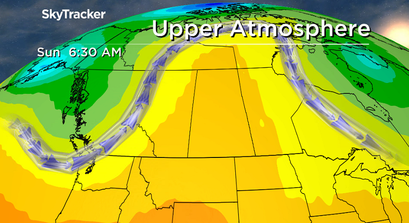 Upper ridge of heat finally moves east into Saskatchewan on Sunday.