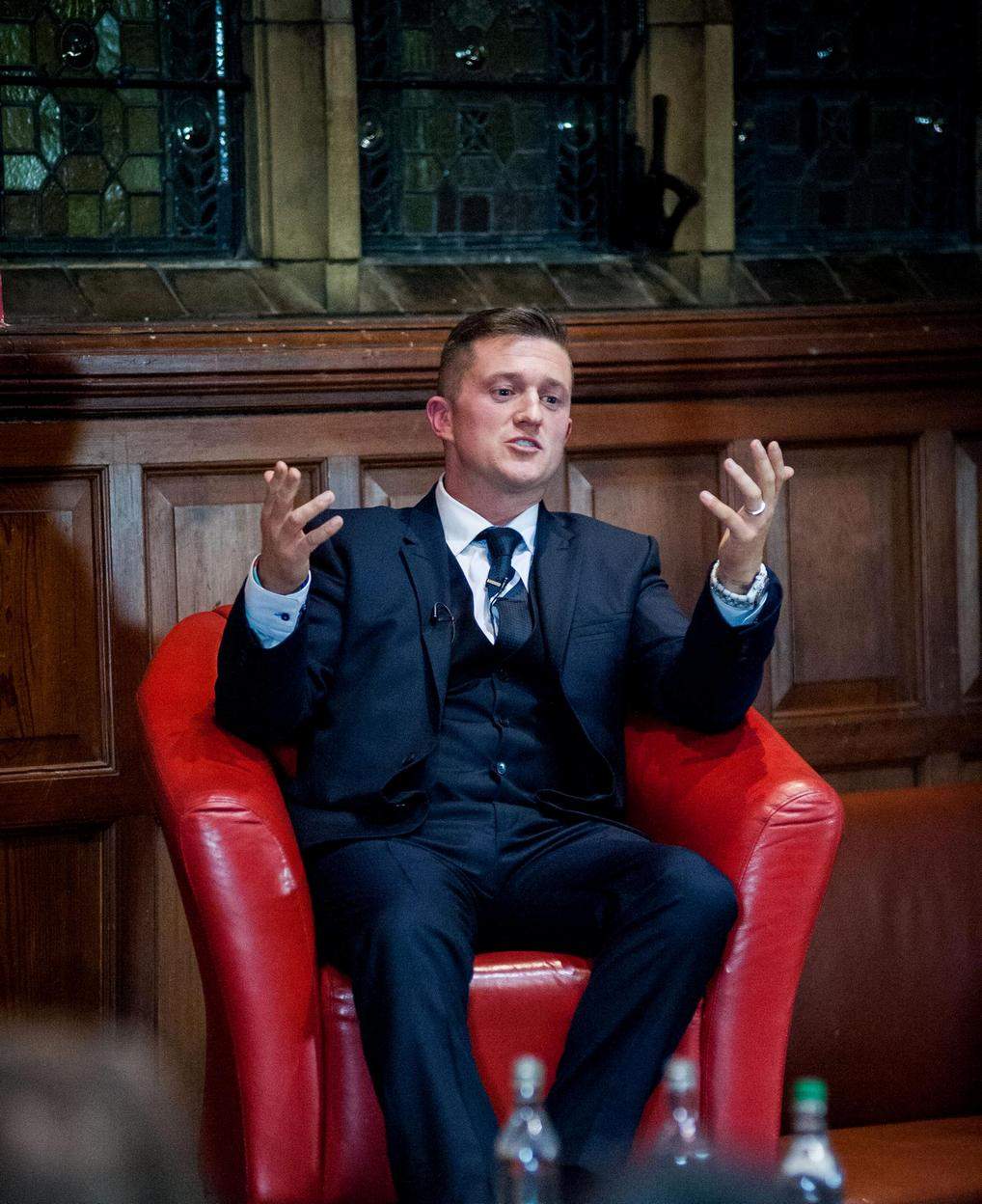 Tommy Robinson, former English Defence League leader and Rebel UK commentator, pictured on his website speaking at the Oxford Union, Oxford, UK.