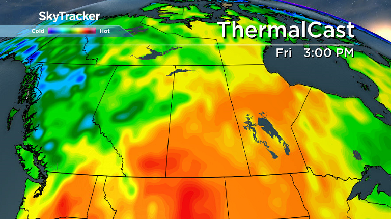 An upper ridge of high pressure pumps the hot air back into Saskatchewan on Friday.
