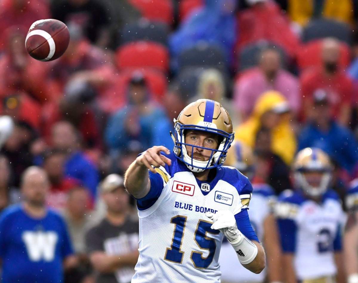 Winnipeg Blue Bombers' Matt Nichols throws the ball against the Ottawa Redblacks during first half of a CFL game in Ottawa on Aug. 4.