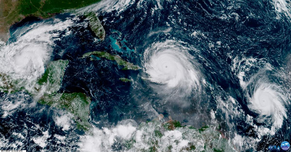 In this geocolor image GOES-16 satellite image taken Thursday, Sep. 7, 2017, at 11:15 a.m. EDT, shows the eye Hurricane Irma, center, just north of the island of Hispaniola, with Hurricane Katia, left, in the Gulf of Mexico, and Hurricane Jose, right, in the Atlantic Ocean.