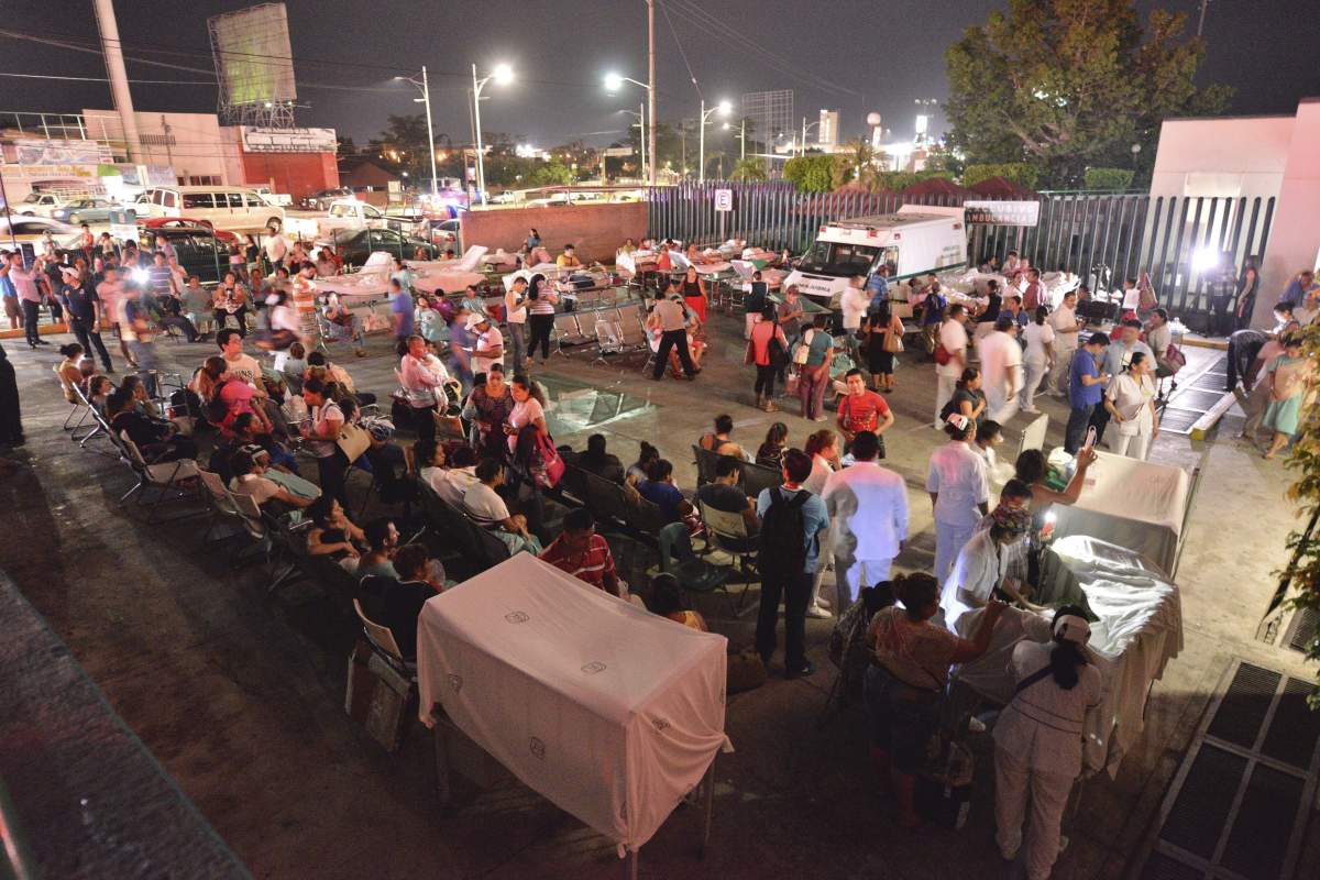 Patients and doctors of a hospital in Villahermosa, Mexico, remain in the open after a strong earthquake magnitude 8.4 on the open Richter scale violently shook Mexico, early 08 September 2017.