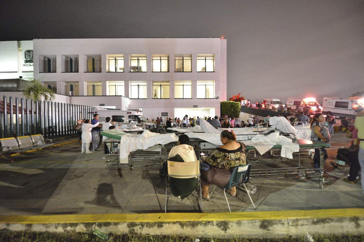 Patients and doctors of a hospital in Villahermosa, Mexico, remain in the open after a strong earthquake magnitude 8.4 on the open Richter scale violently shook Mexico, early 08 September 2017.