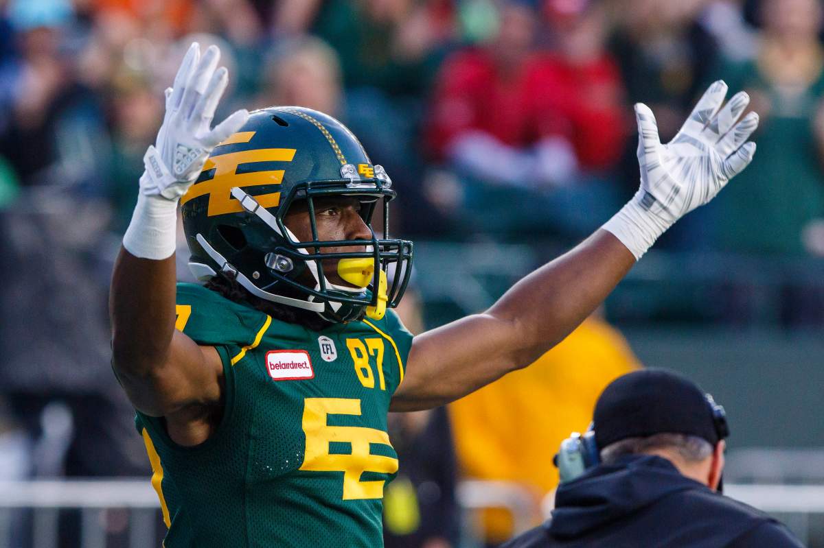 Edmonton Eskimos' Derel Walker (87) celebrates his touchdown during first half CFL action in Edmonton, Alta., on Saturday Sept. 9, 2017.
