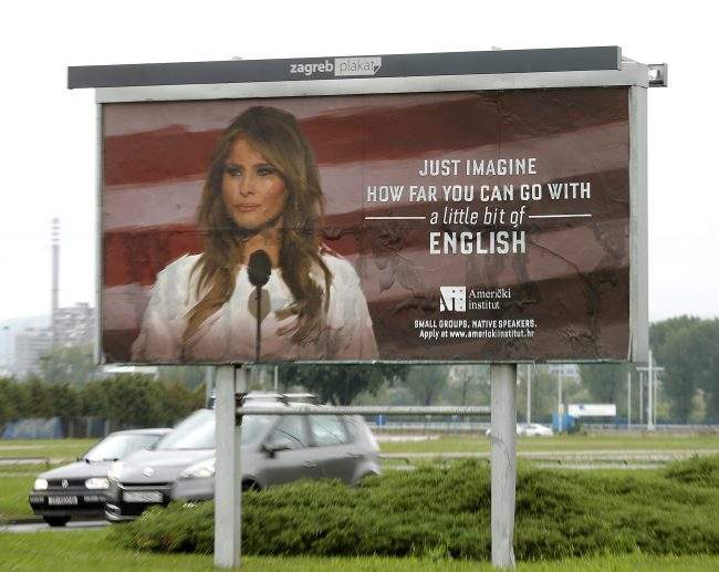 The American Institute, an association for promoting American culture and English language, invites people to learn English with a photo of First Lady Melania Trump, who was born in Slovenia.