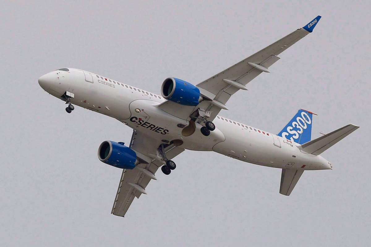 The Bombardier CS 300 performs its demonstration flight during the Paris Air Show, at Le Bourget airport, north of Paris on June 15, 2015.