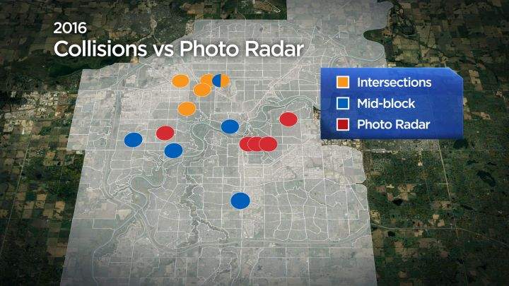 A map showing the top five photo radar deployments, mid-block collisions and intersection collisions in Edmonton in 2016.