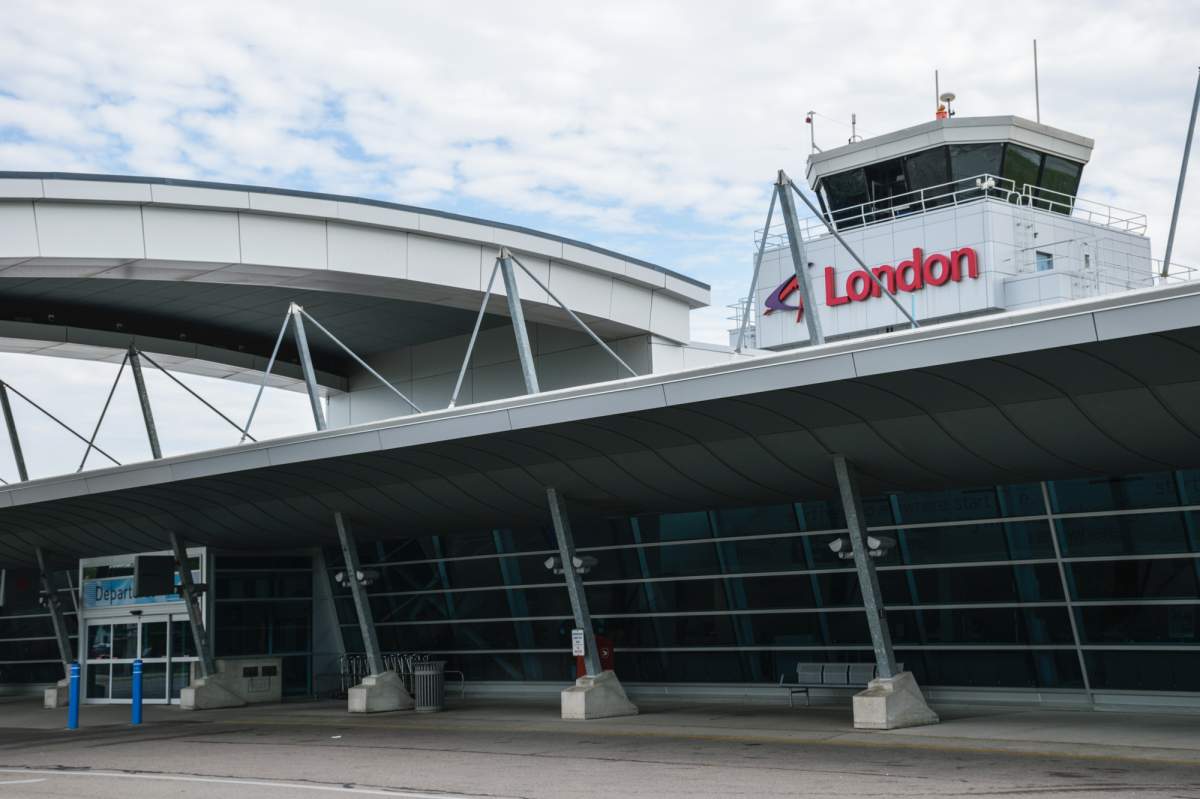 The entrance and sign to London International Airport on July 19, 2017.