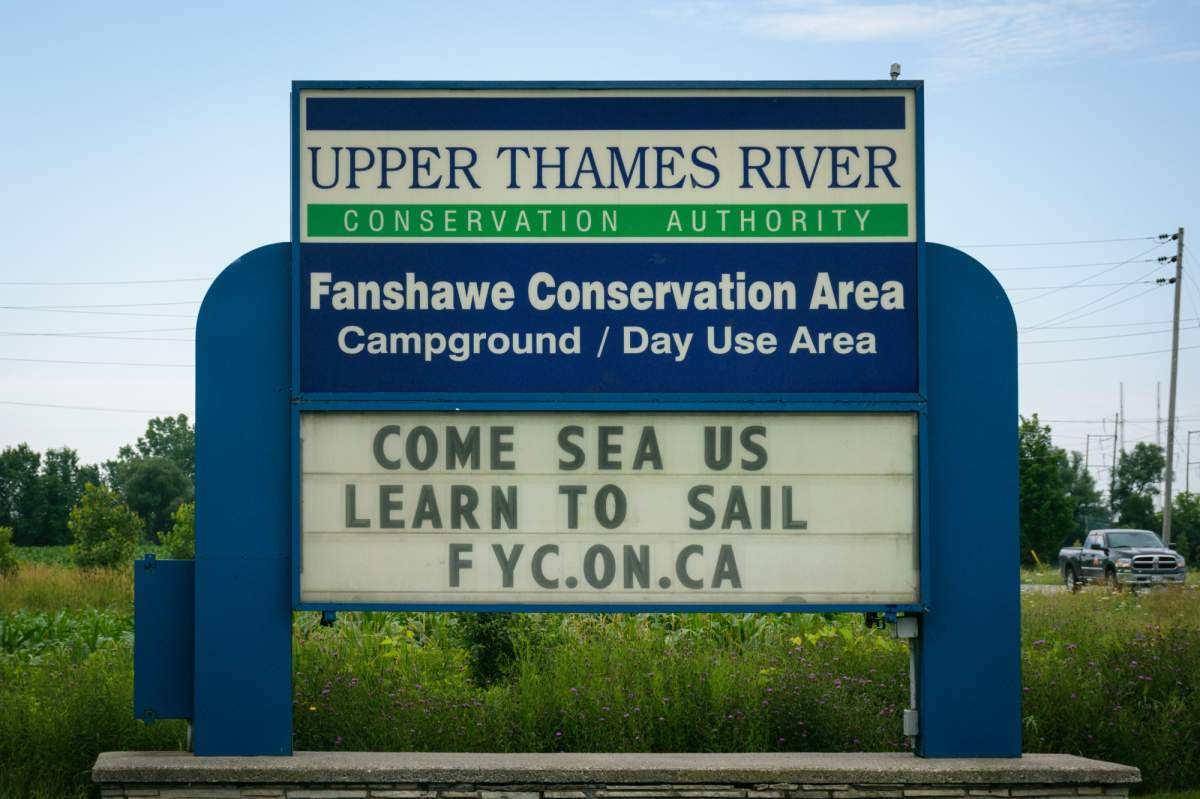 The Upper Thames River Conservation Authority and Fanshawe Conservation Area sign along Clarke Road, July 19, 2017.