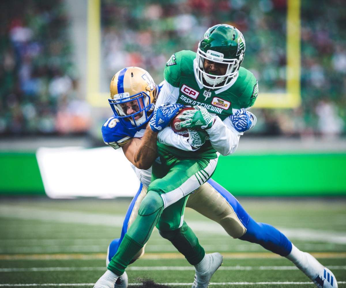 Bakari Grant (81) of the Saskatchewan Roughriders Taylor Loffler (16) of the Winnipeg Blue Bombers during the game at New Mosaic Stadium in Regina, SK, Saturday, July 1st, 2017. (Photo: Johany Jutras)
