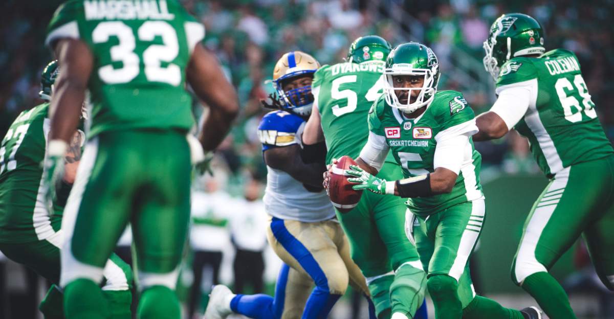 Kevin Glenn (5) of the Saskatchewan Roughriders during the game at New Mosaic Stadium in Regina, SK, Saturday, July 1st, 2017.