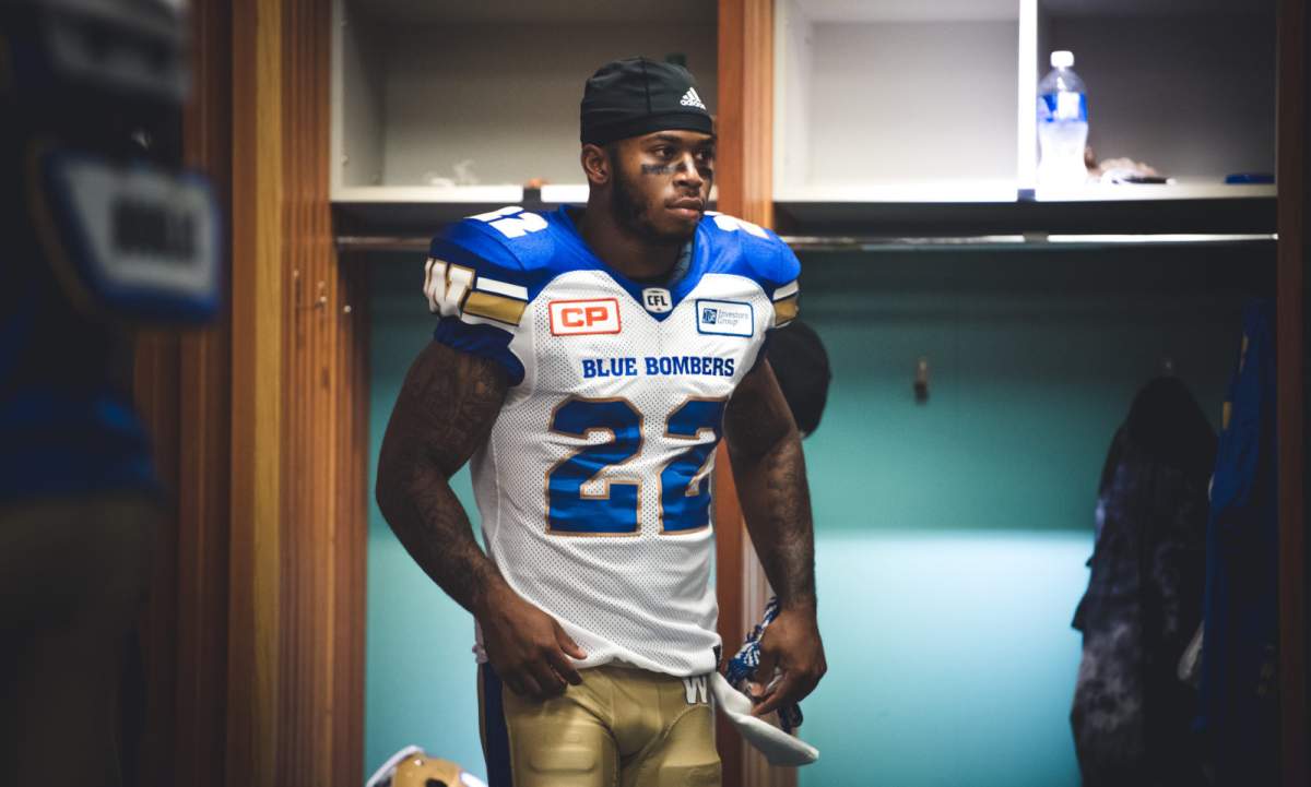 Brian Walker (22) of the Winnipeg Blue Bombers in the locker room before the game against the BC Lions at BC Place Stadium in Vancouver, BC., on Friday, July 21, 2017.