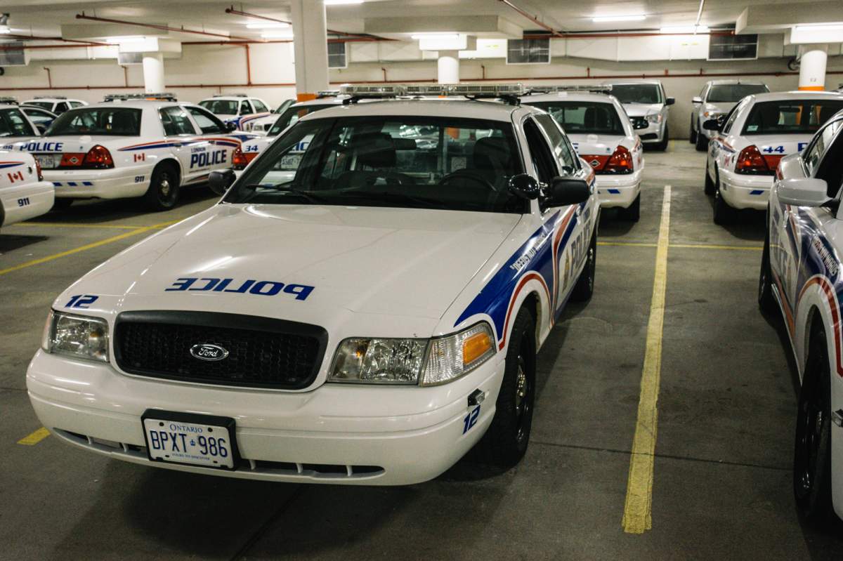 London police vehicles in police parking garage, Sept. 6, 2017.