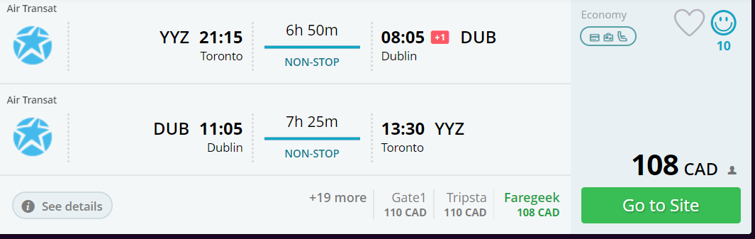 Air Transat ticket prices round trip from Toronto to Dublin advertised at $109 CAD.