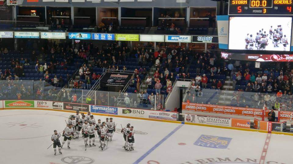 Storm Celebrate on Sleeman Centre Ice as they take their first win of the season over the Oshawa Generals.