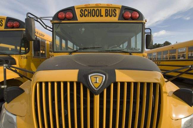 Wide angle shot of a parked school bus amongst other busses in Simcoe, Ontario on Saturday, July 7, 2007.