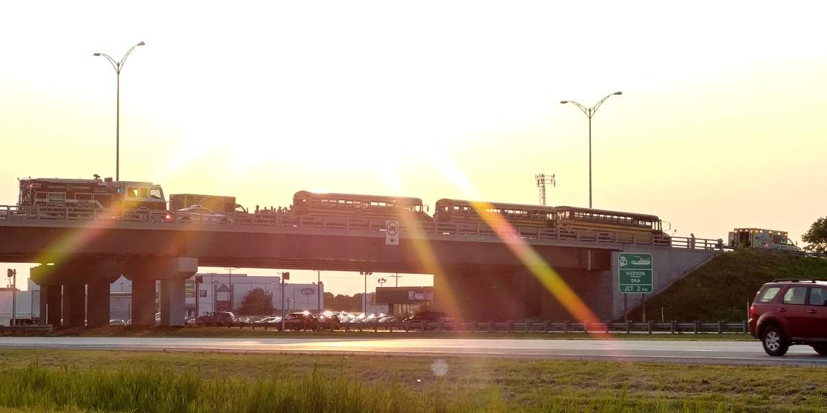 Three high school buses collide on the Saint -Charles overpass in Vaudreuil-Dorion, Monday, Sept. 11, 2017.