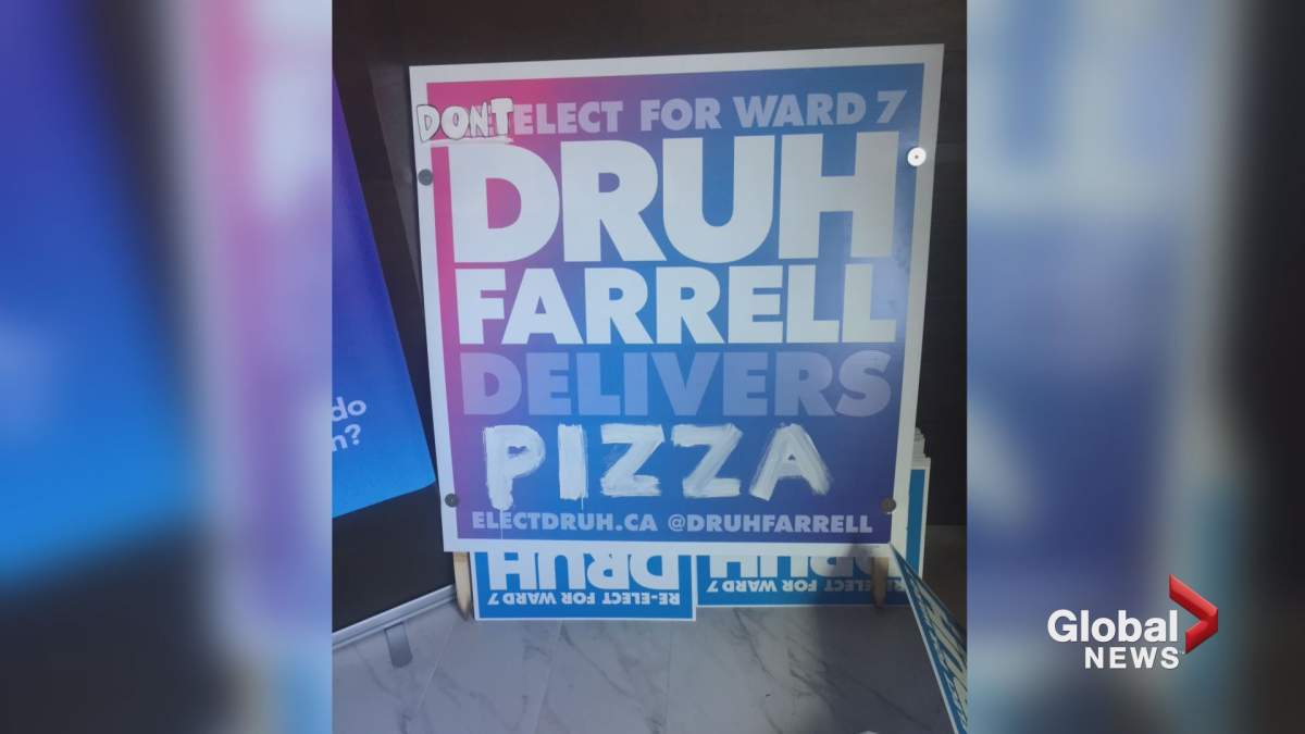 A Druh Farrell campaign sign is seen vandalized.